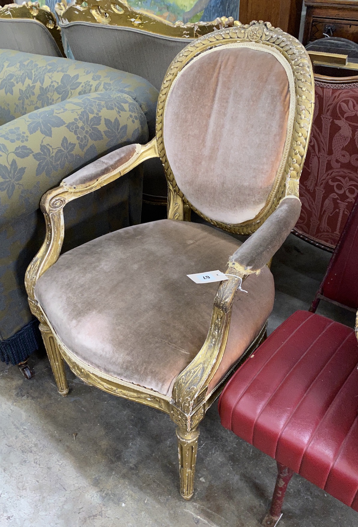 A 19th century French giltwood and composition fauteuil, width 58cm, depth 54cm, height 98cm